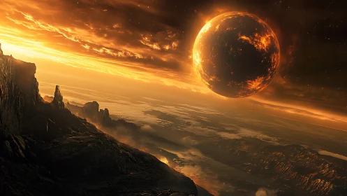 Molten twilight planet looms over a scorched alien horizon