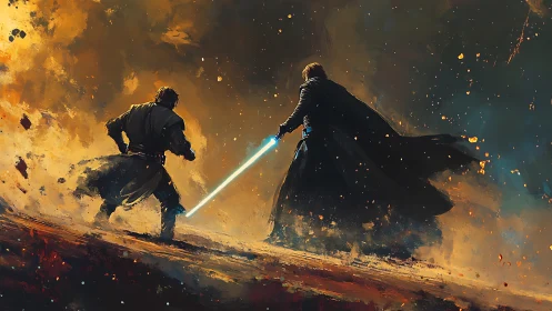 Two robed figures with energy sword in stormy landscape.