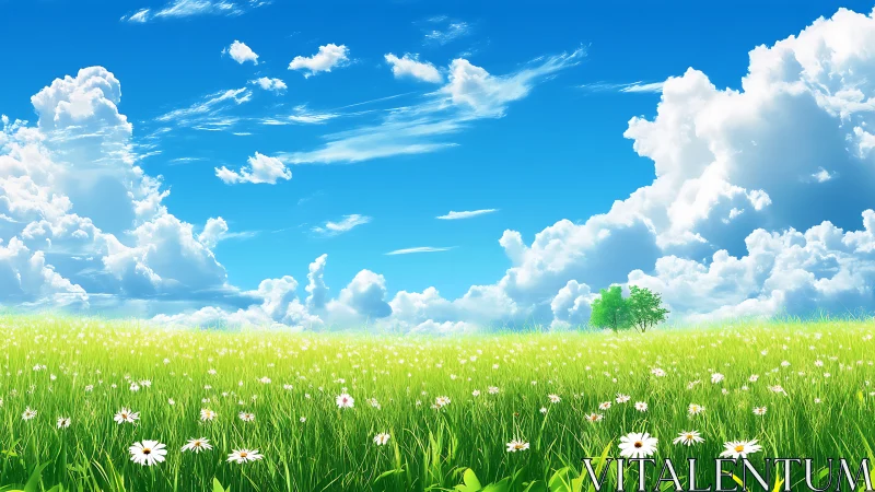 Grassy field with clouds and distant trees under blue sky.