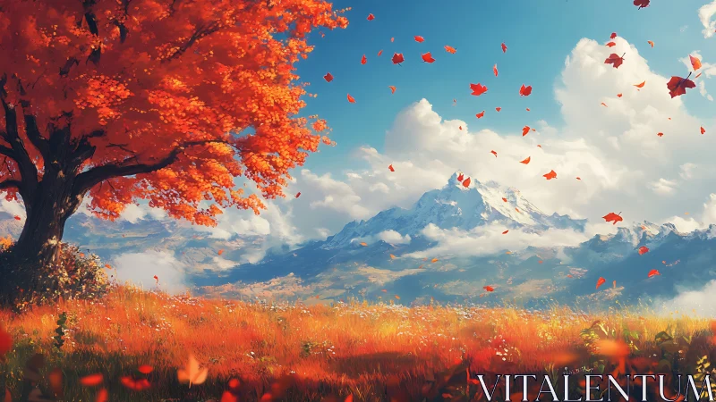 Golden autumn meadow beneath a bright, cloud kissed peak.