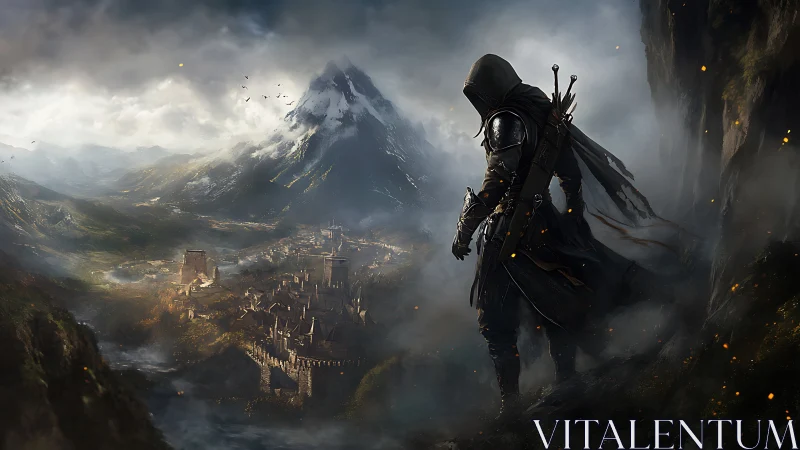 Hooded warrior overlooking fortified mountain city at dusk.