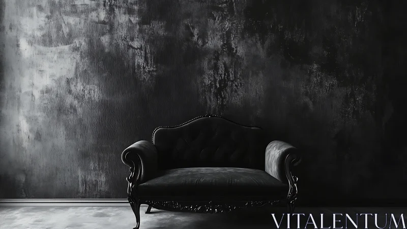 Velvet black sofa anchors a dramatic minimalist interior scene.