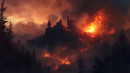 Castle Engulfed in Inferno: Gothic Fortress Consumed by Catastrophic Fire