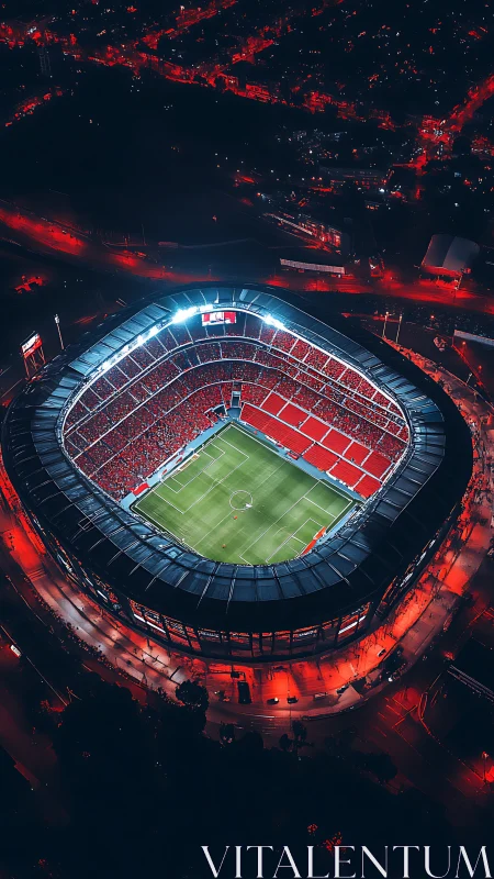 Football stadium glows under intense red night lighting
