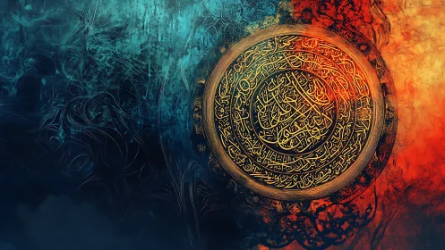 Radiant golden calligraphy medallion between fire and mist.