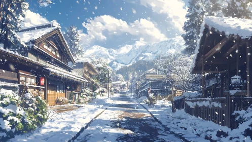Snow covered mountain village street with wooden houses.