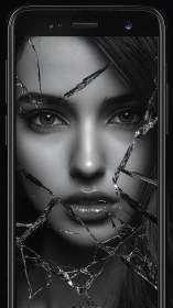 Shattered screen siren gazing through fractured digital glass.