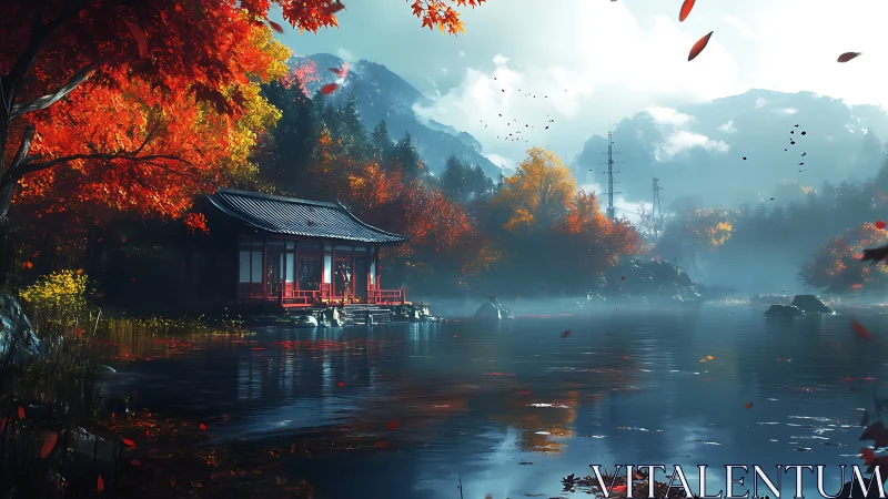 Autumn lakeside temple beneath misty mountains at dawn.