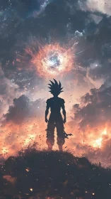 Warrior silhouette confronts cosmic explosion in storm sky