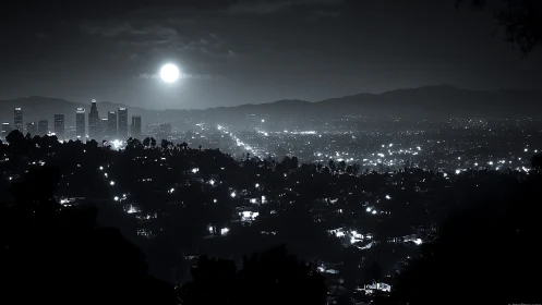 Moonlit city skyline and suburban lights extend across valley