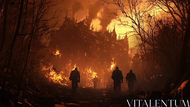 Silhouetted figures approach a burning gothic fortress at dusk.