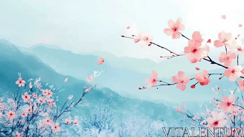 Cherry Blossoms Drift Over Layered Mountain Landscape