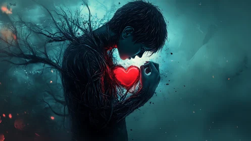 Glowing heart cradled by a quiet, shadowy dreamer.