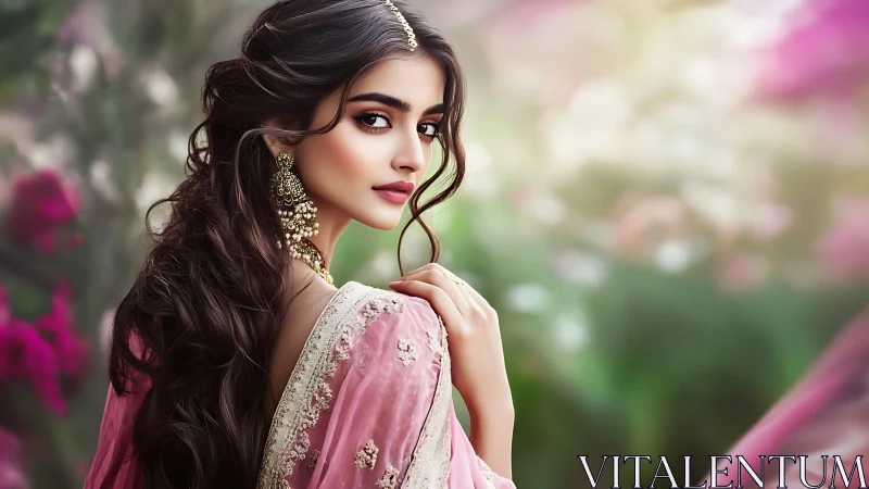 Elegant woman in pink saree glows amid dreamy floral garden