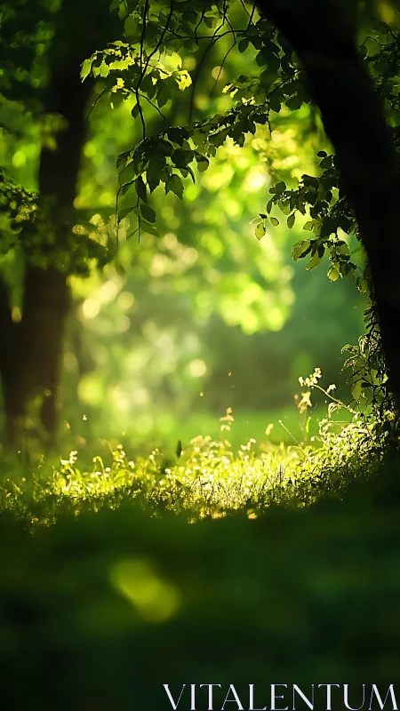 Sunlit forest clearing glows with soft morning tranquility