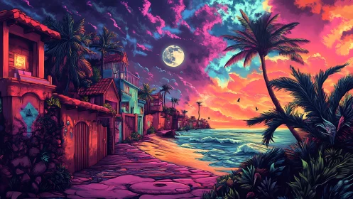 Moonlit tropic street dreaming in neon-tinted seaside glow.