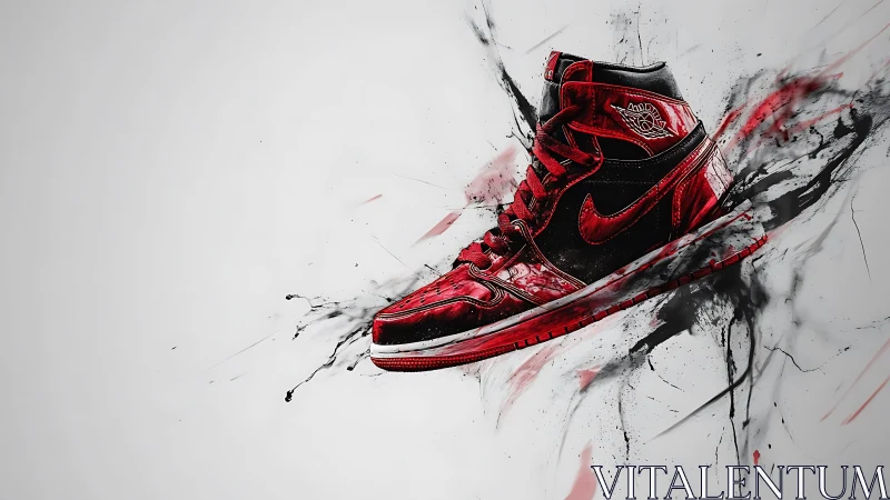 Dynamic red sneaker in high-velocity digital paint explosion.