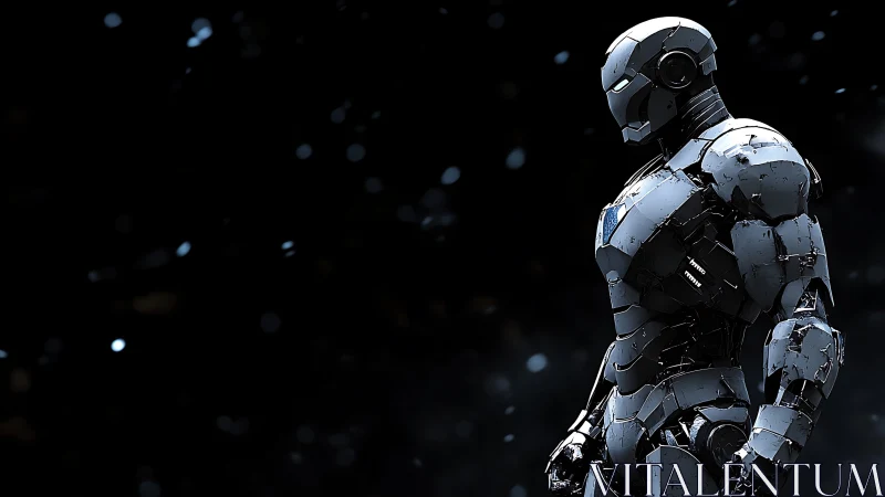 Stoic armored android in fractured metallic exosuit profile.