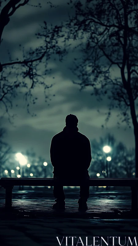 Silhouette man sits on bench in wet park at night
