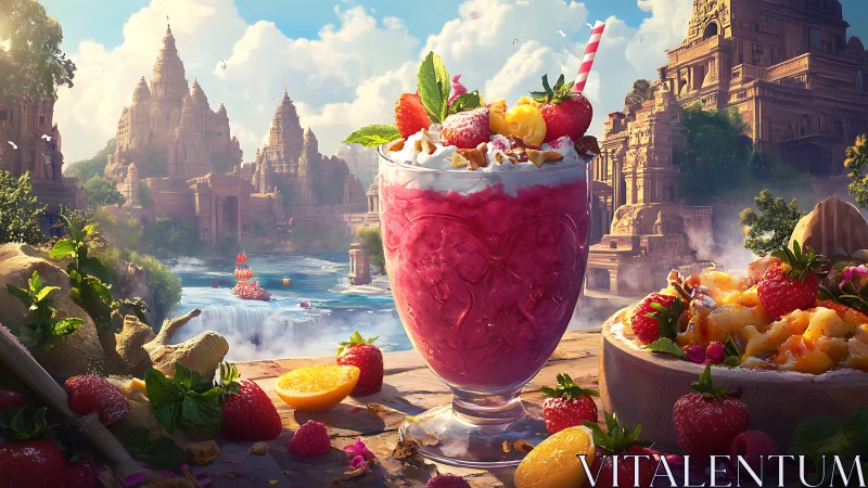 Temple valley smoothie tableau with hyper-detailed fruit feast.