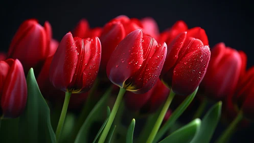 Red Tulips with Water Droplets Against Dark Background.