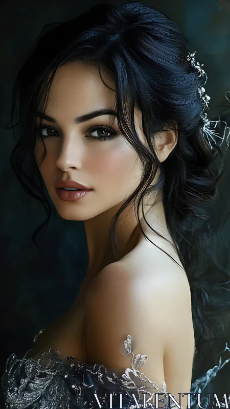 Elegant digital portrait of woman in dark floral dress.