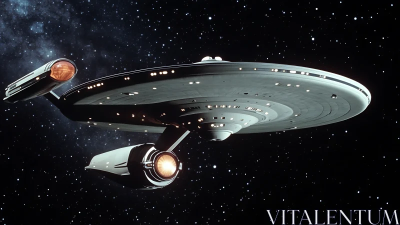 Sleek starship cruising through deep space field at speed.