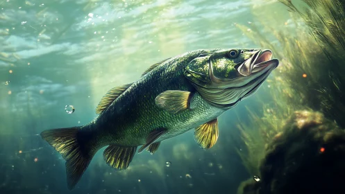 Largemouth bass rendered in dynamic underwater photoreal detail