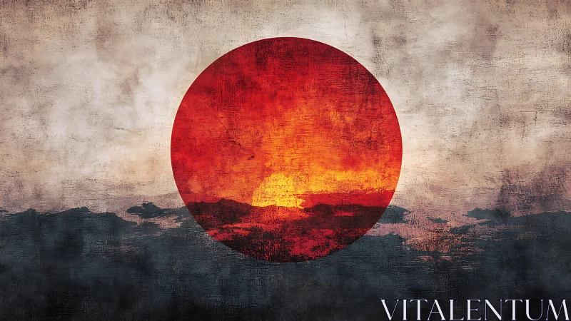 Red sun over dark horizon in textured abstract sky.