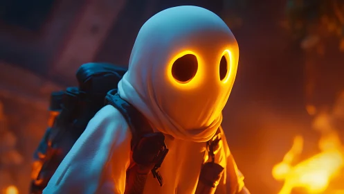 Glowing hooded spirit explores firelit ruins at dusk.