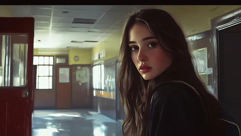 Young woman pauses in dimly lit school hallway