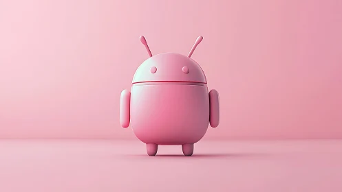 Playful pink robot buddy standing in a pastel dreamscape.