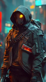 Cyberpunk android sentinel in neon city alleyway at night.