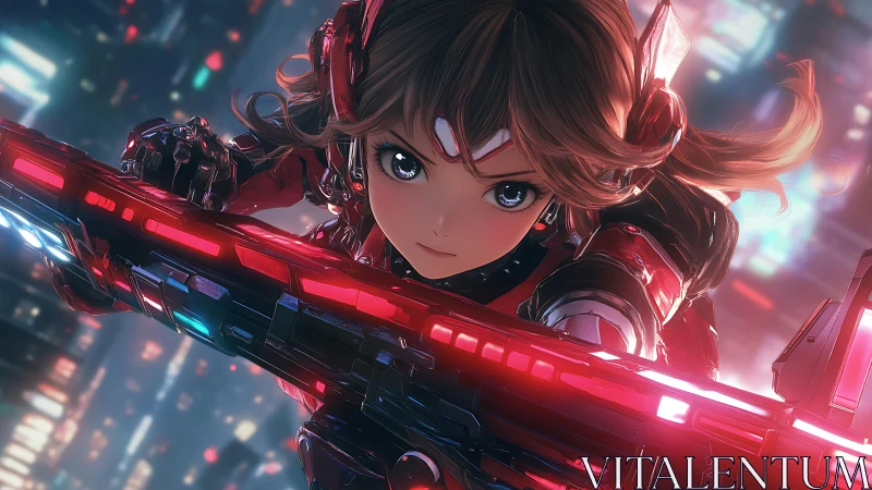 Futuristic anime warrior surges through neon city skies