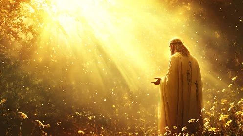 Golden dawn pours over a lone robed wanderer in prayer