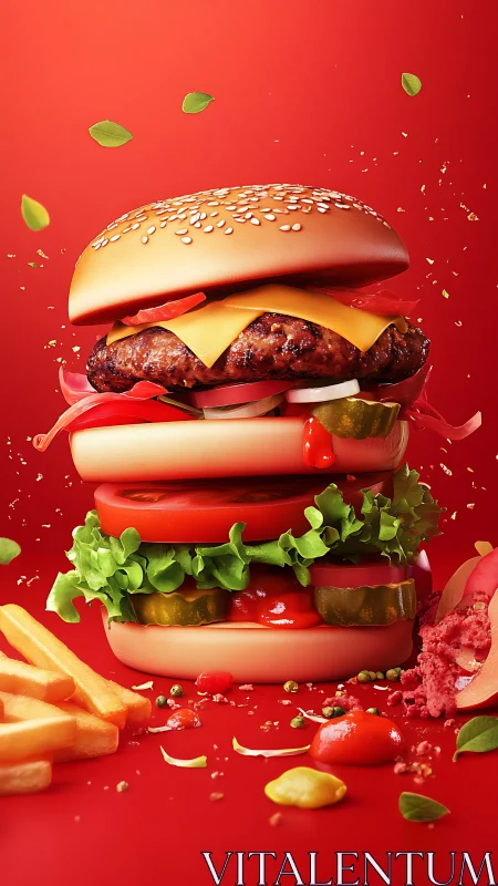 Layered cheeseburger stack with fries on vibrant red background.