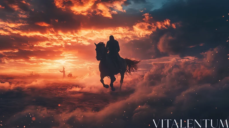 Fiery sunset sky welcomes a lone rider charging through mist