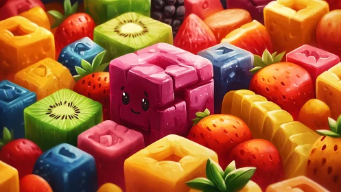 Playful fruit cubes surrounding smiling pink character block.