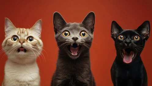 Three Cats with Open Mouths Against Red Background.