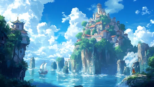 Terraced cliffside citadel above luminous turquoise inlet.