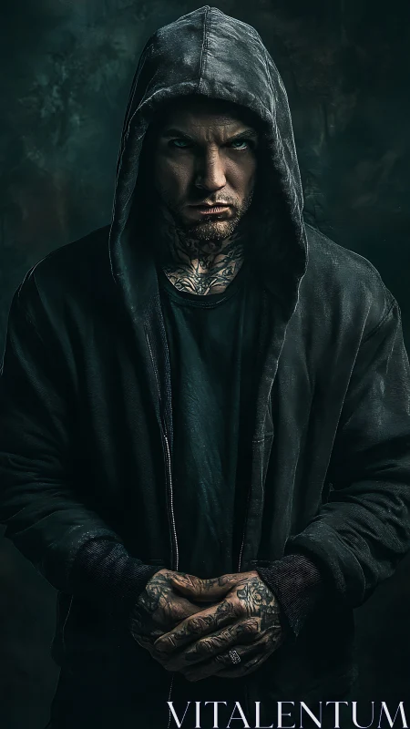 Hooded tattooed man in dark moody portrait lighting.