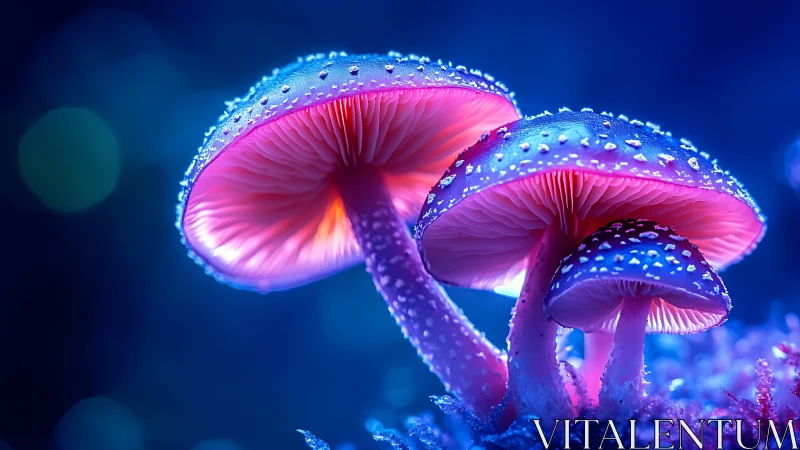 Bioluminescent mushrooms glowing in neon fantasy forest.