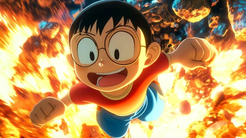 Boy in glasses flies forward through fiery exploding debris