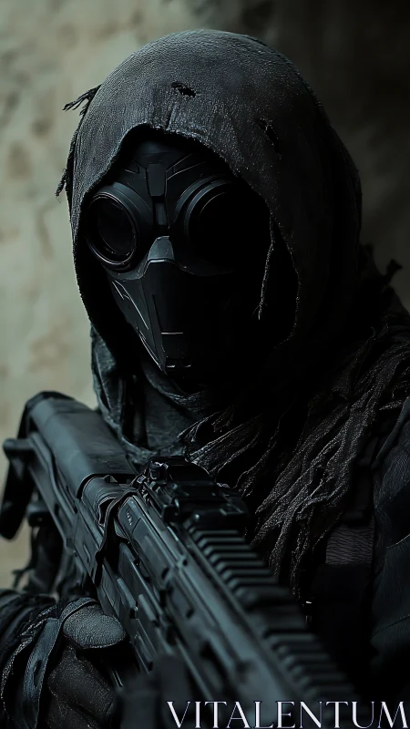 Hooded tactical soldier in gas mask grips rifle silently.