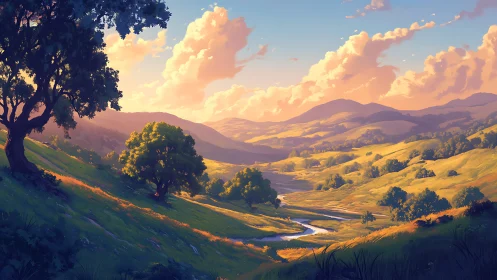 Sunlit rolling valley with river under glowing dusk sky.