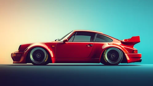 Widebody red coupe rendered in stylized high-contrast 3D lighting