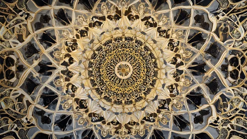 Intricate circular mandala with gold and black symmetry.