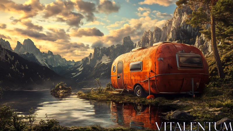 Rusty orange camper trailer beside calm alpine lake.