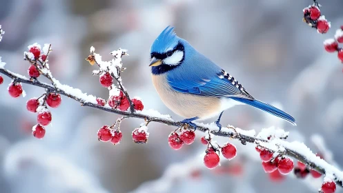 Blue jay perched on snowy berry branch, winter nature photography.