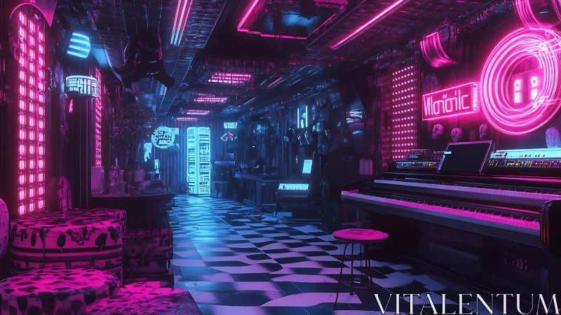 Neon-soaked cyber lounge glows around futuristic piano bar